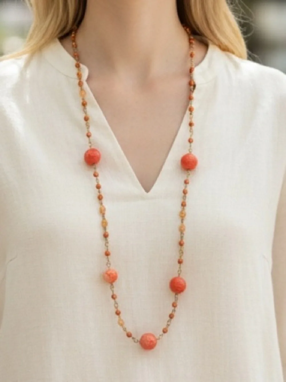 Sequin Hearts Coral-Orange Beaded Station Necklace